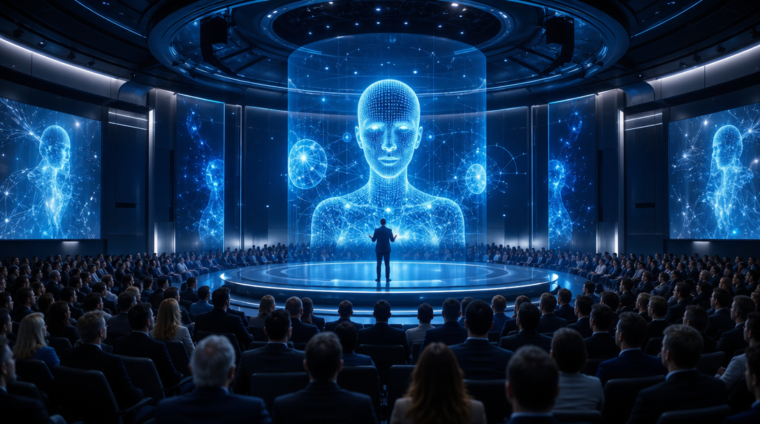 Futuristic AI conference venue with holographic displays and advanced technology