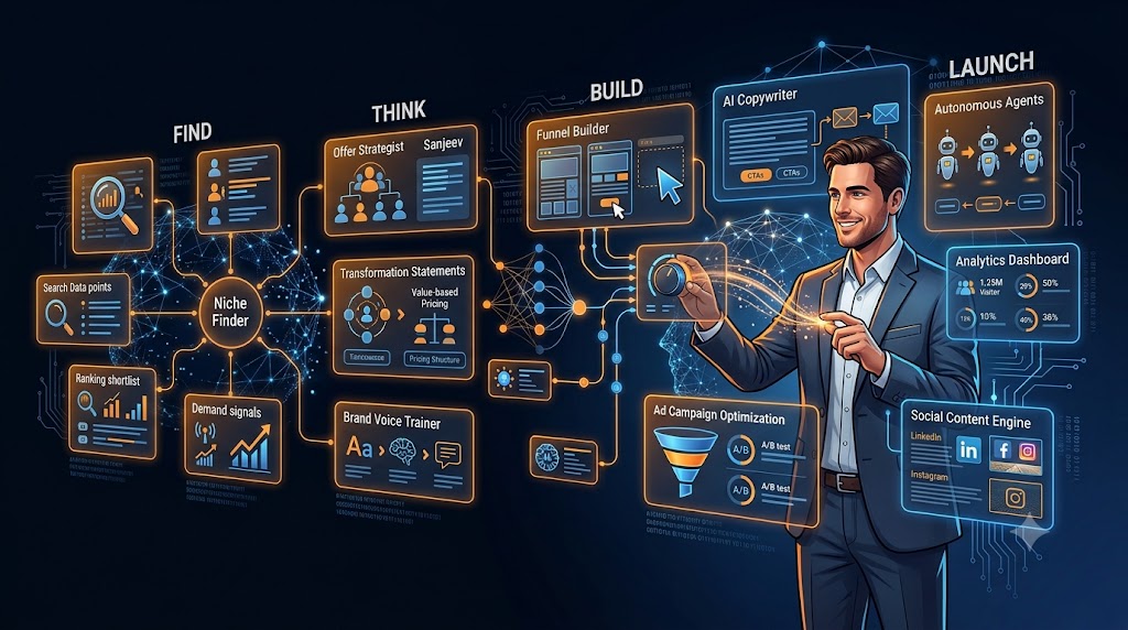 Adofy AI platform dashboard showing 20+ integrated marketing tools