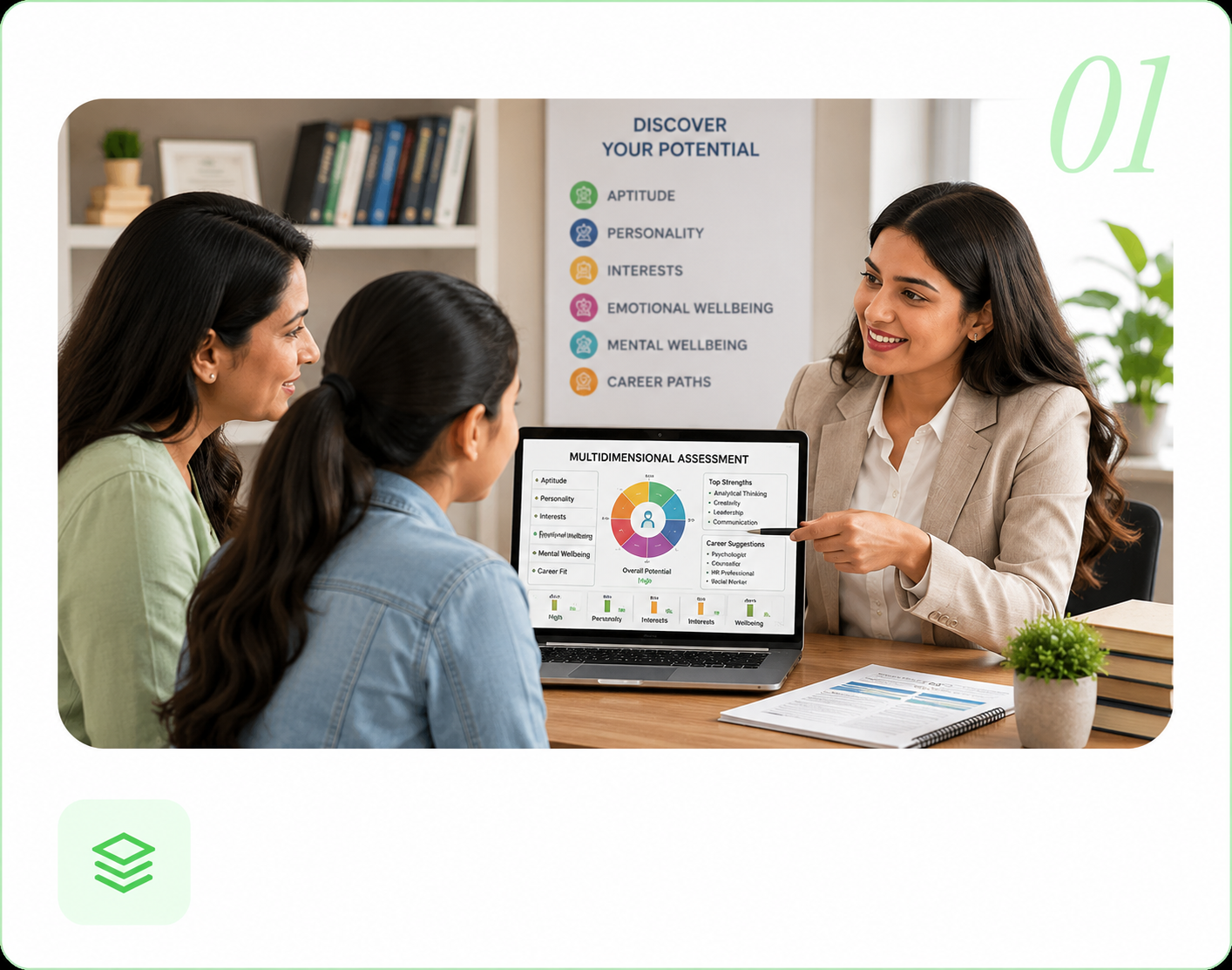 Professional consultant reviewing detailed report with a client