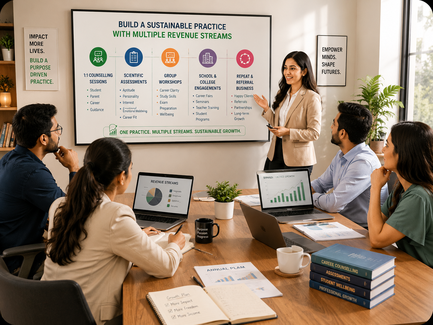 Business professionals in a strategic planning meeting around a table