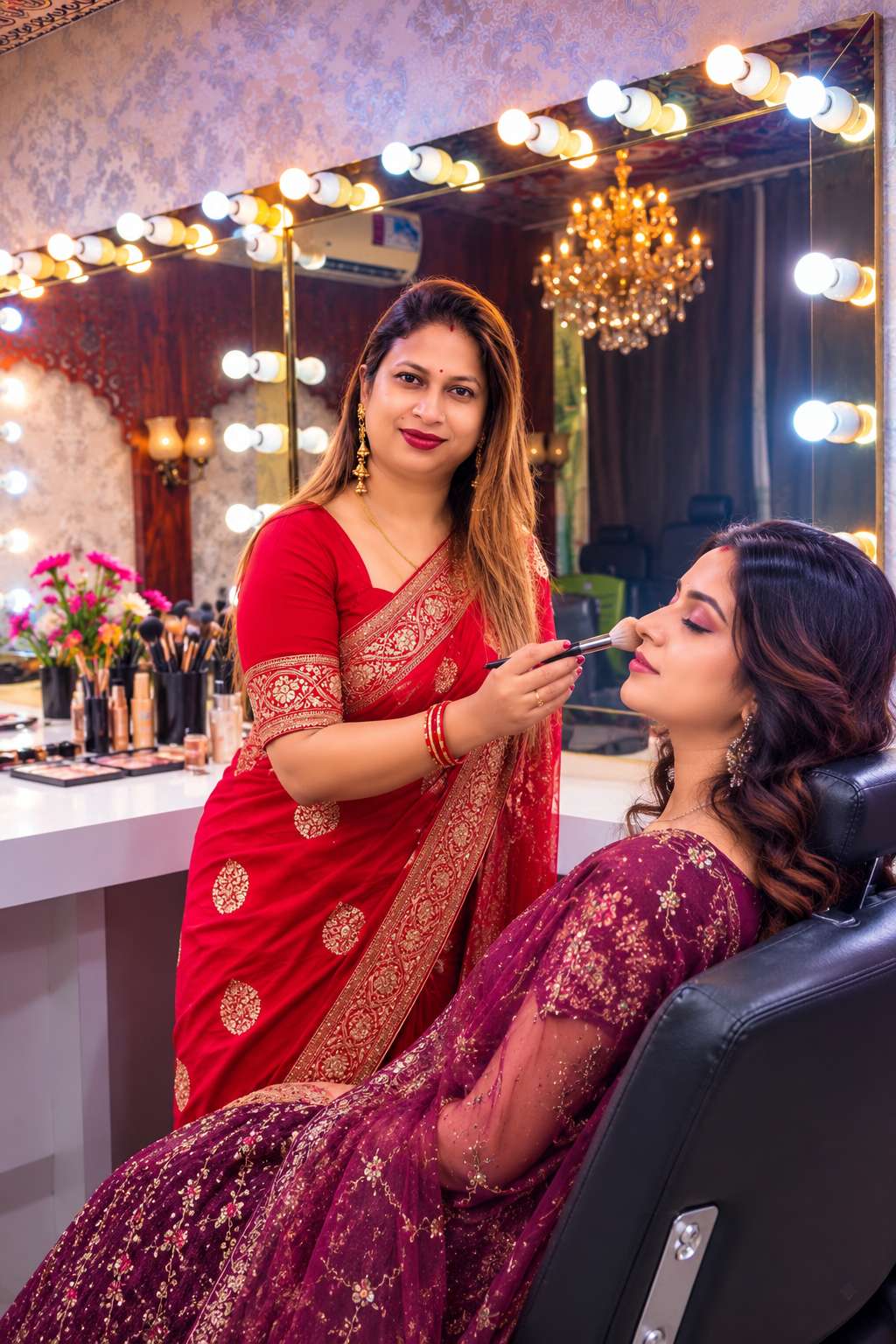 Professional makeup artist at Rupaliz Studio working on a bridal client