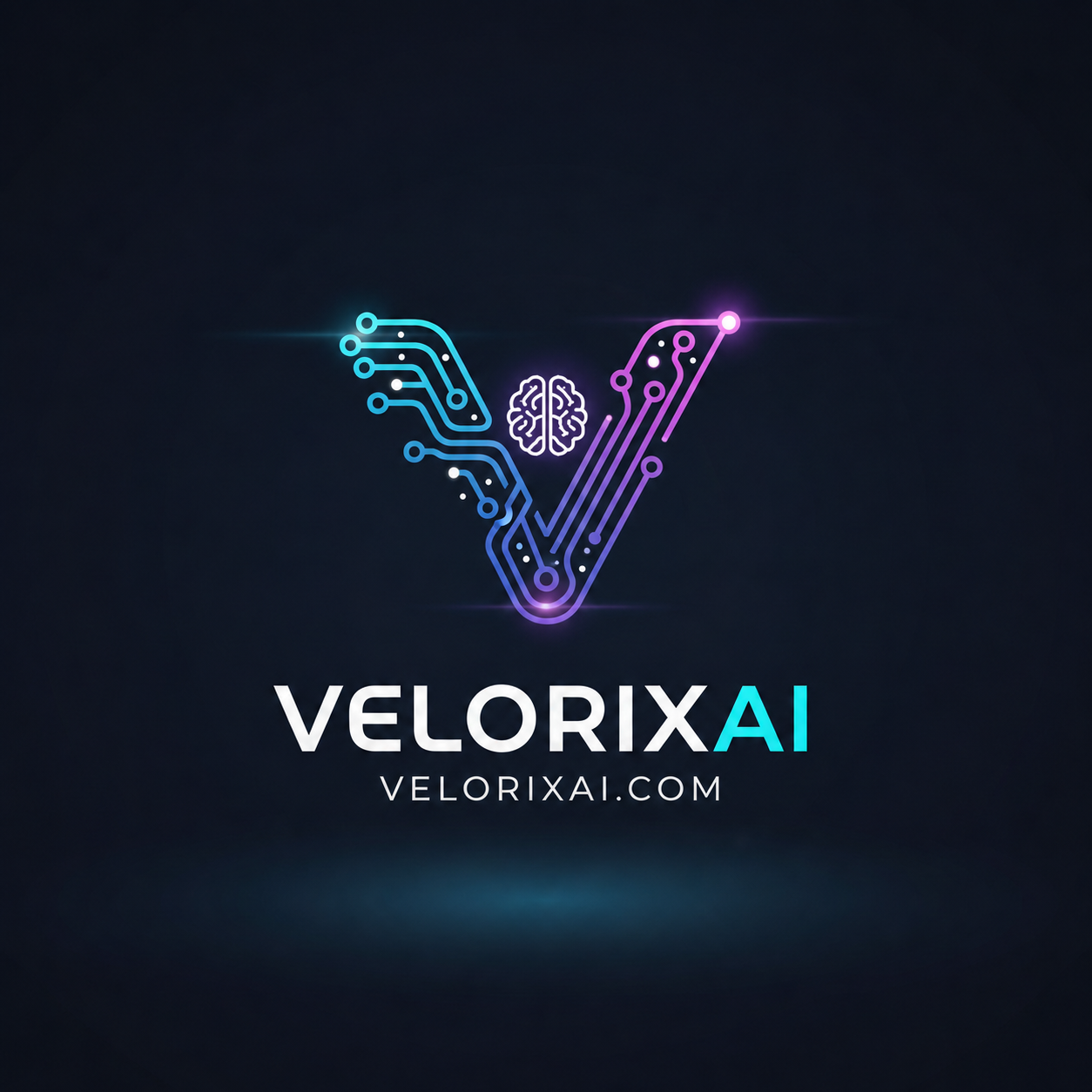 VelorixAI logo: circuit-board V with AI brain